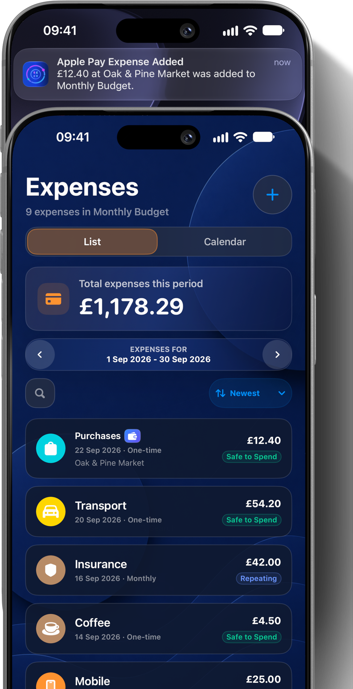 Apple Pay purchase notification above a SiBalance Expenses screen showing the new purchase
