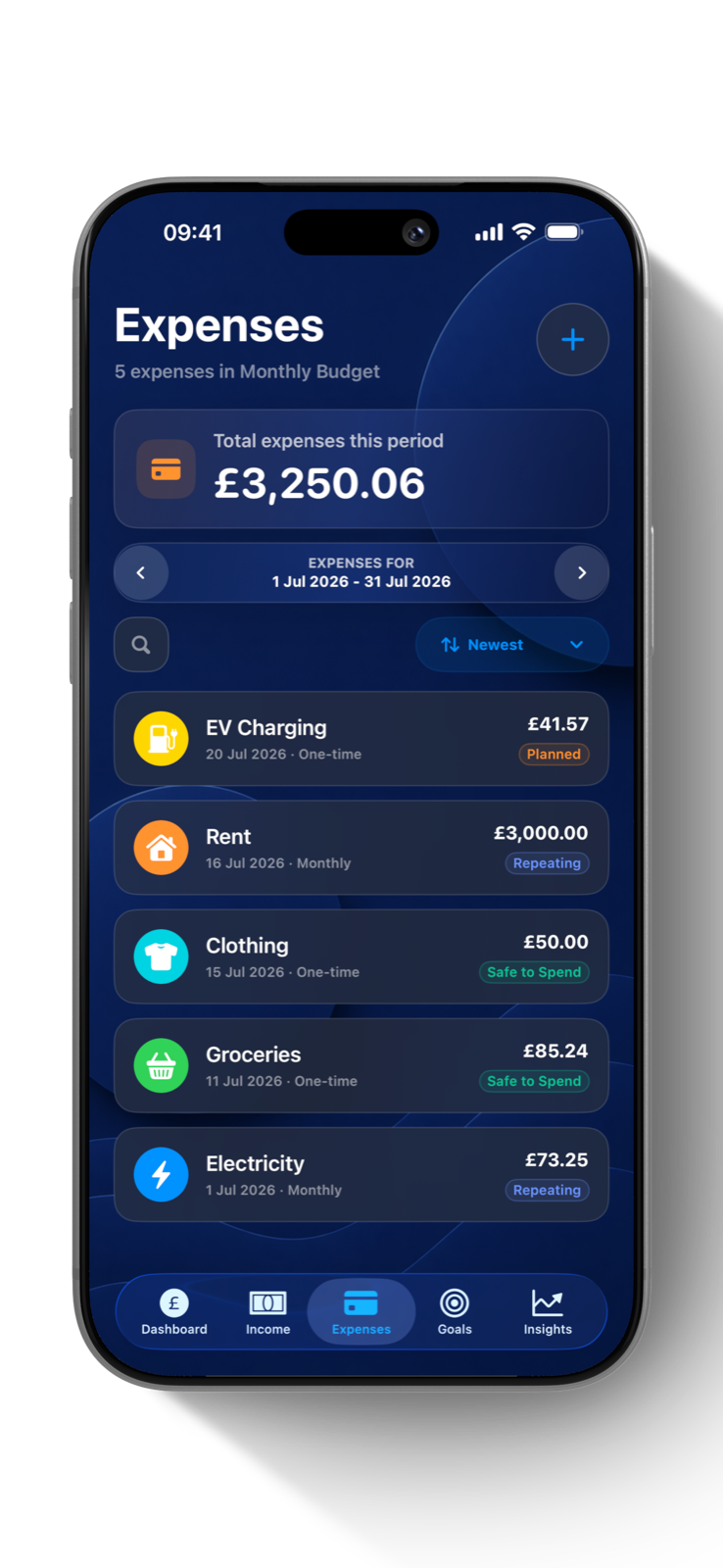 SiBalance Expenses screen showing manual and repeating transactions