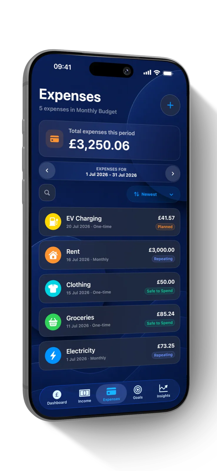 SiBalance expense list showing manual and repeating transactions