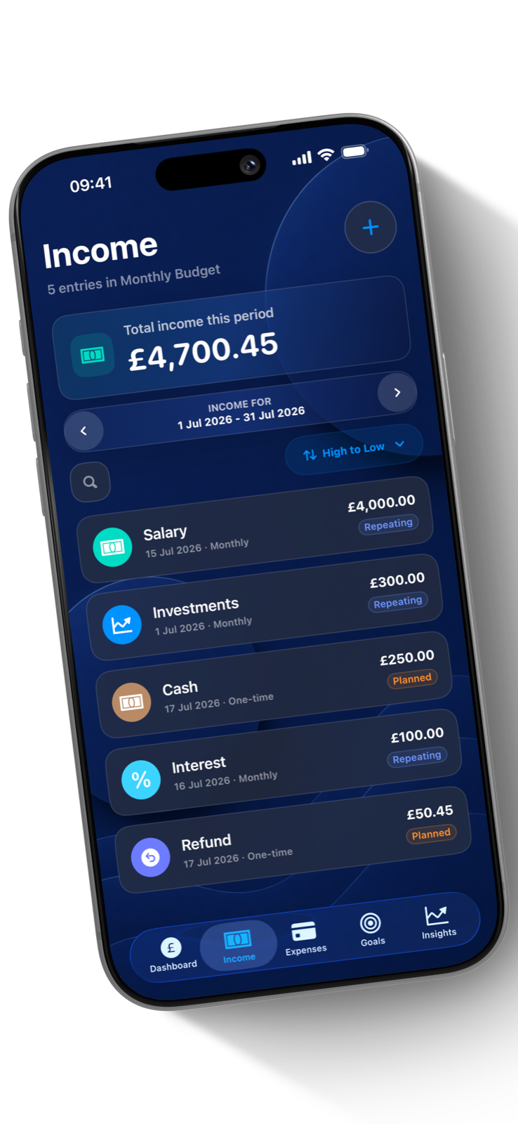 SiBalance Income screen showing manual and repeating transactions