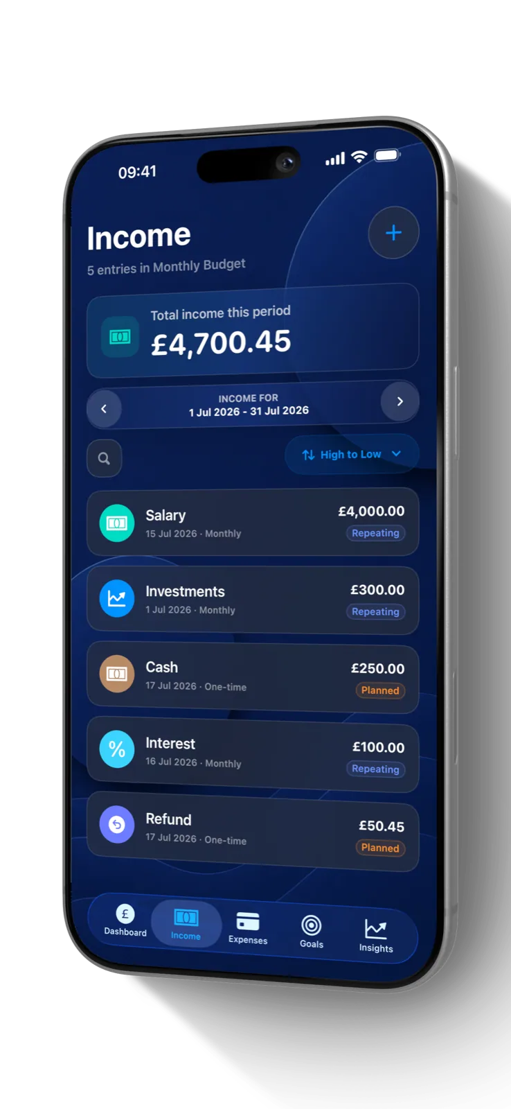 SiBalance Income screen showing manual and repeating transactions