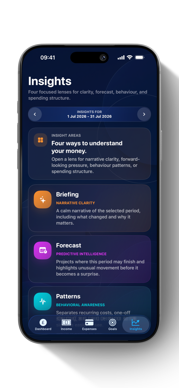 SiBalance Insights screen with Briefing, Forecast and Patterns areas