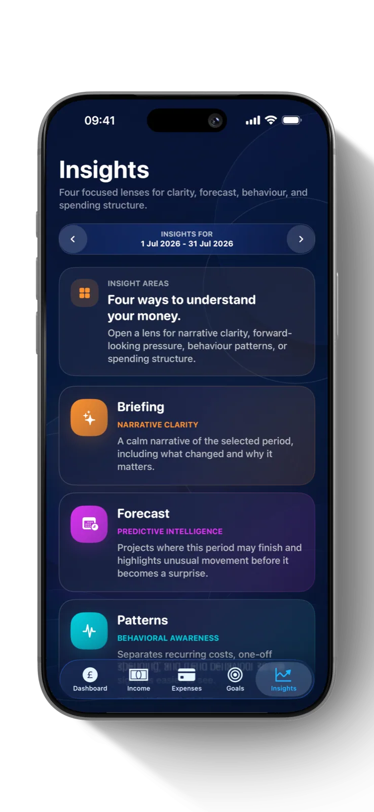 SiBalance Insights on iPhone showing Briefing, Forecast and Patterns