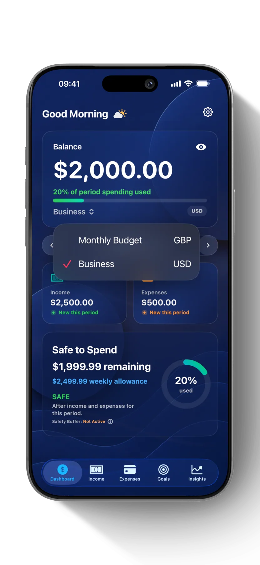 SiBalance dashboard showing multiple budgets and a weekly Safe to Spend allowance