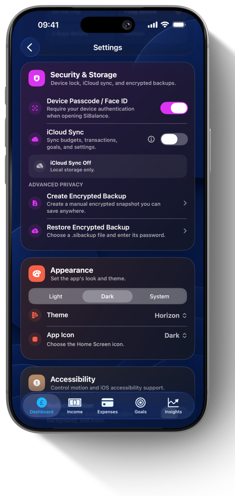 SiBalance Settings showing Security and Storage, appearance and accessibility controls