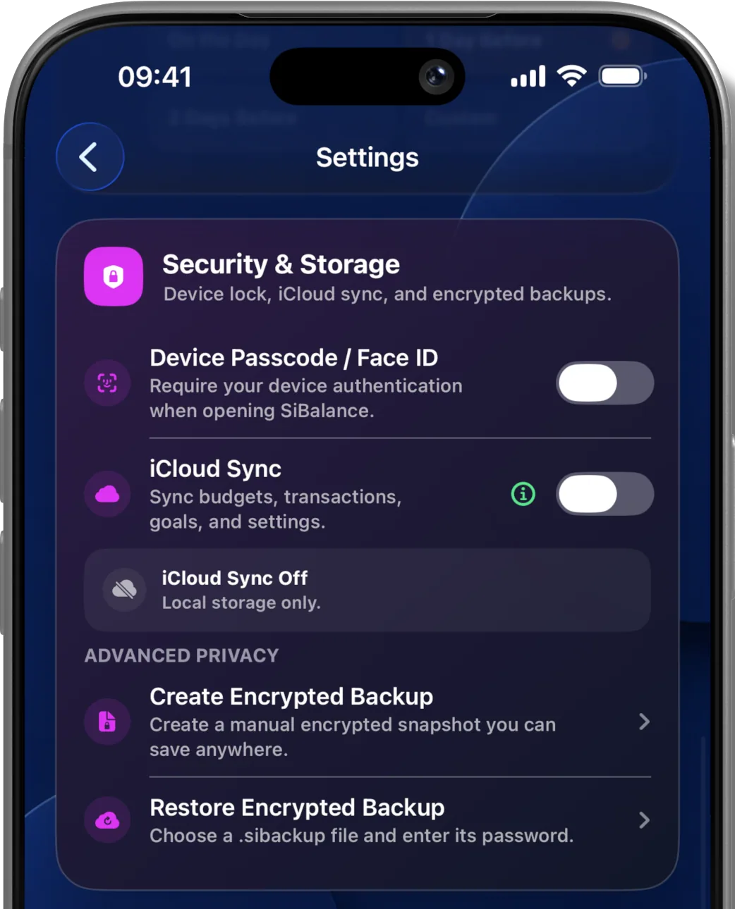 SiBalance security and data settings on iPhone