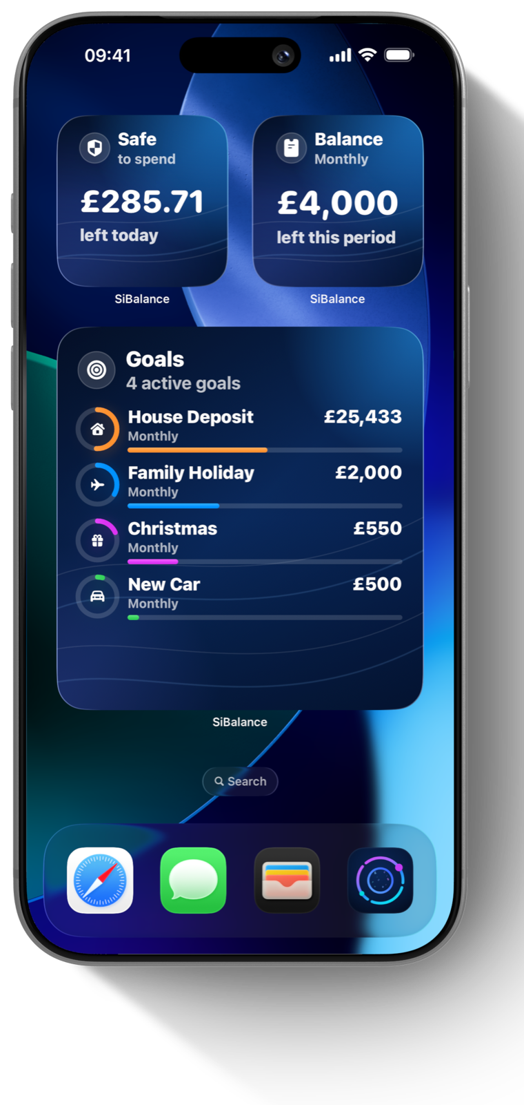 SiBalance Home Screen widgets showing Safe to Spend, balance and active Goals