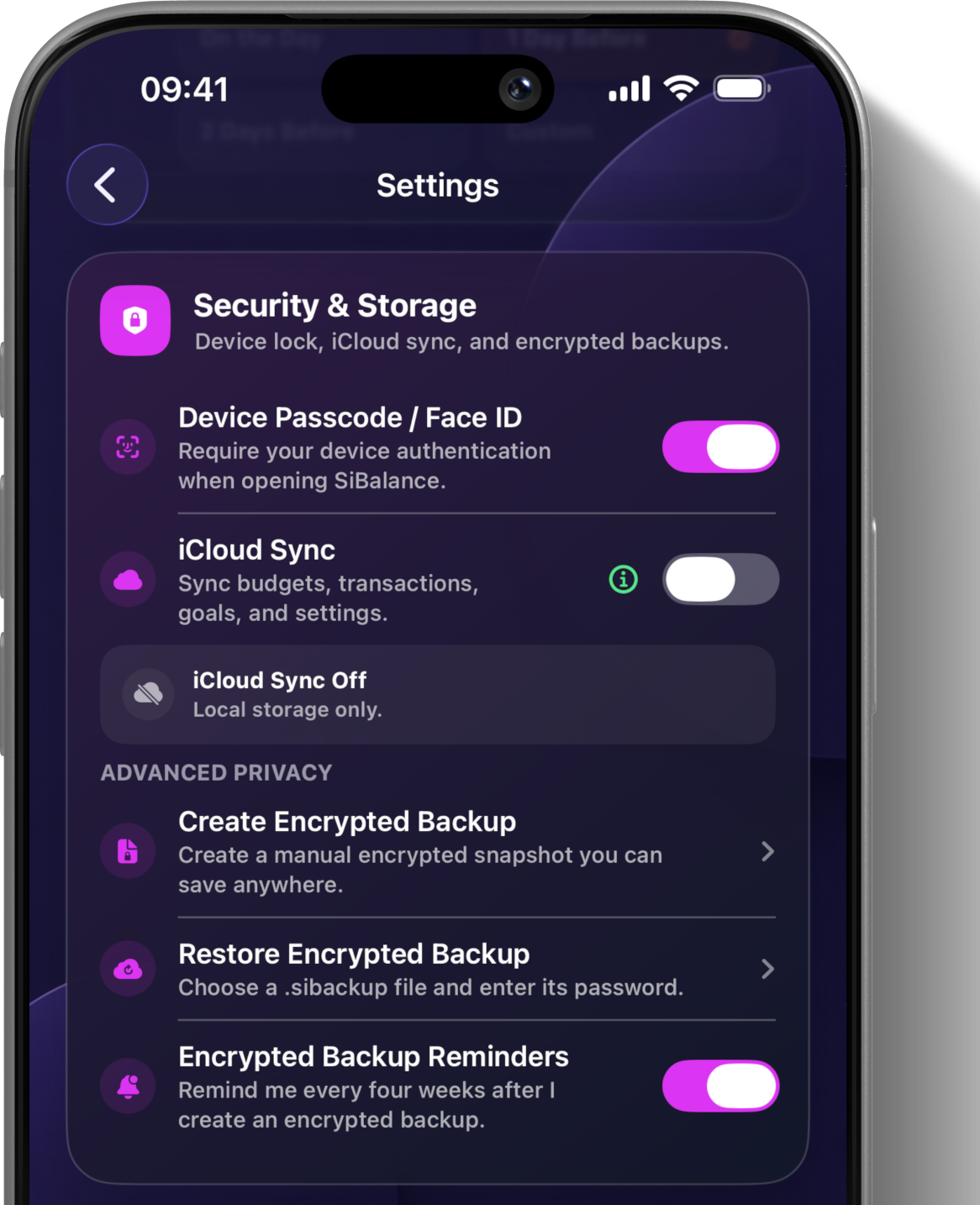 SiBalance Security and Storage settings showing device lock, optional iCloud sync and encrypted backups