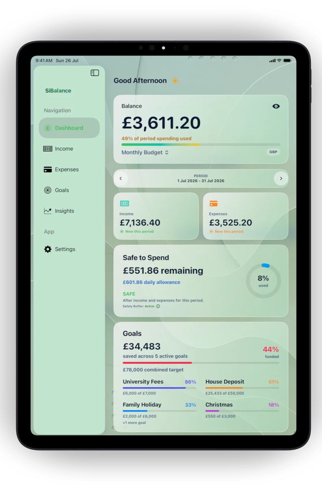 SiBalance Dashboard on iPad in the Grove light theme with sidebar navigation, Safe to Spend and Goals progress