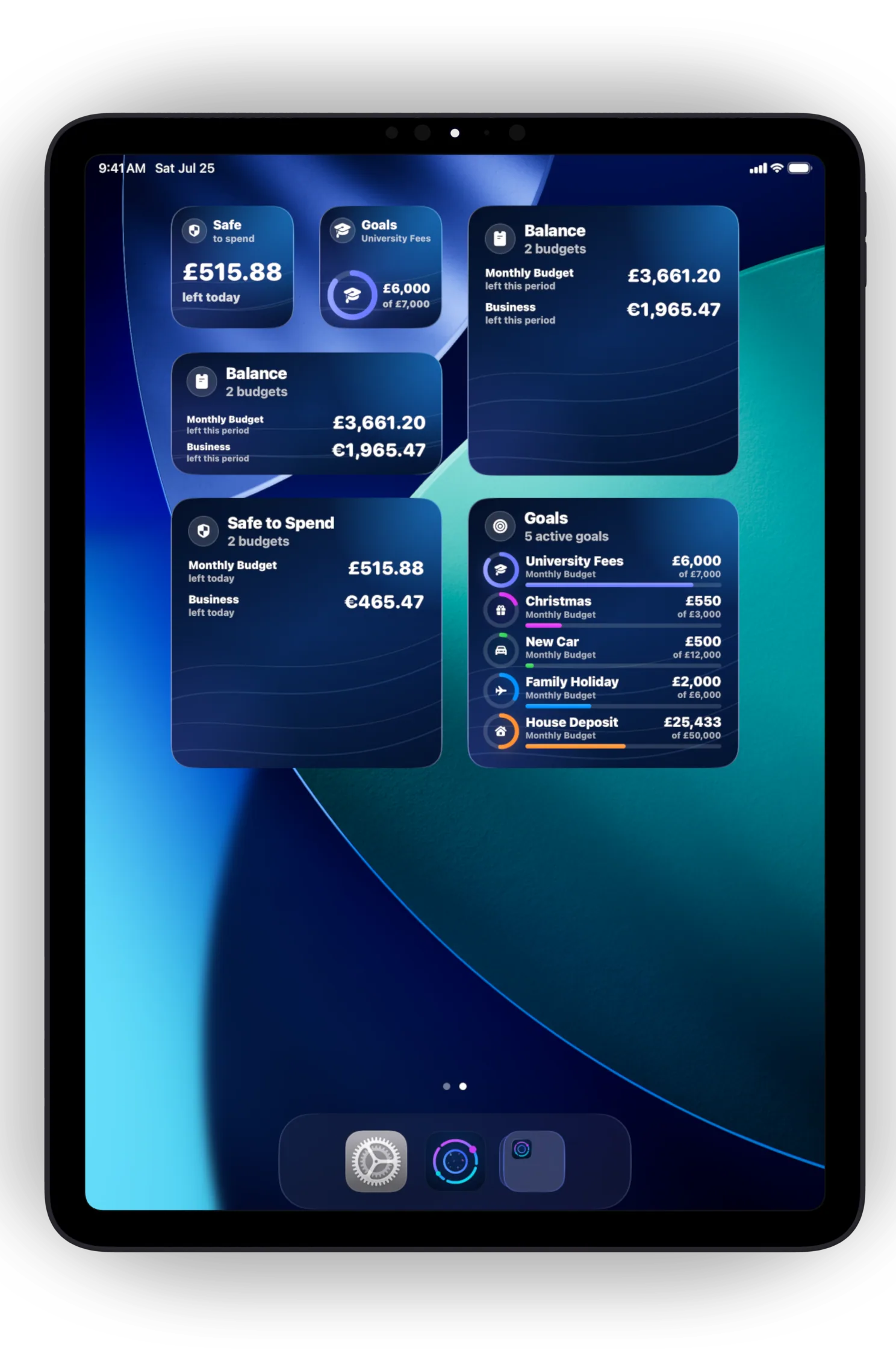 SiBalance widgets on iPad showing Safe to Spend, balances and active Goals