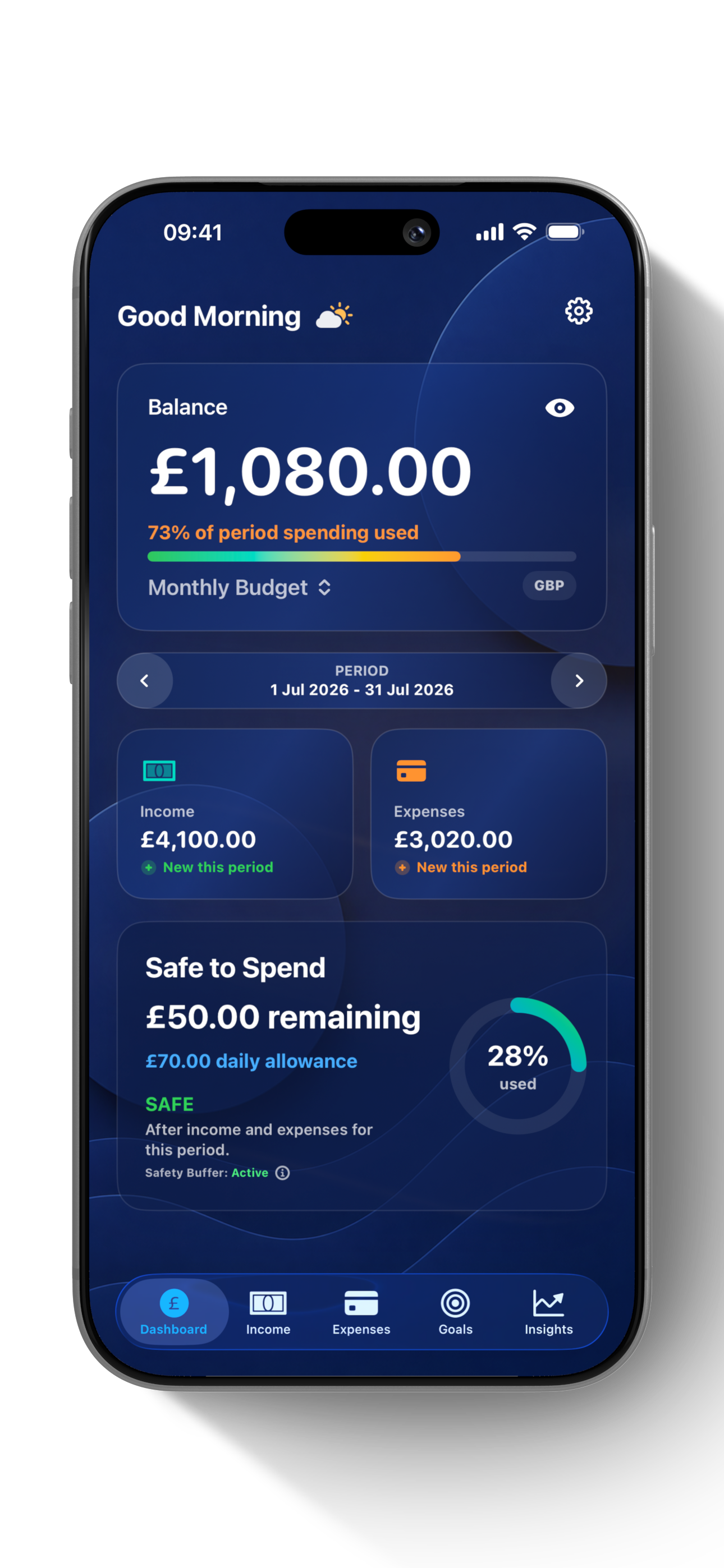 SiBalance dashboard showing a monthly budget and Safe to Spend allowance